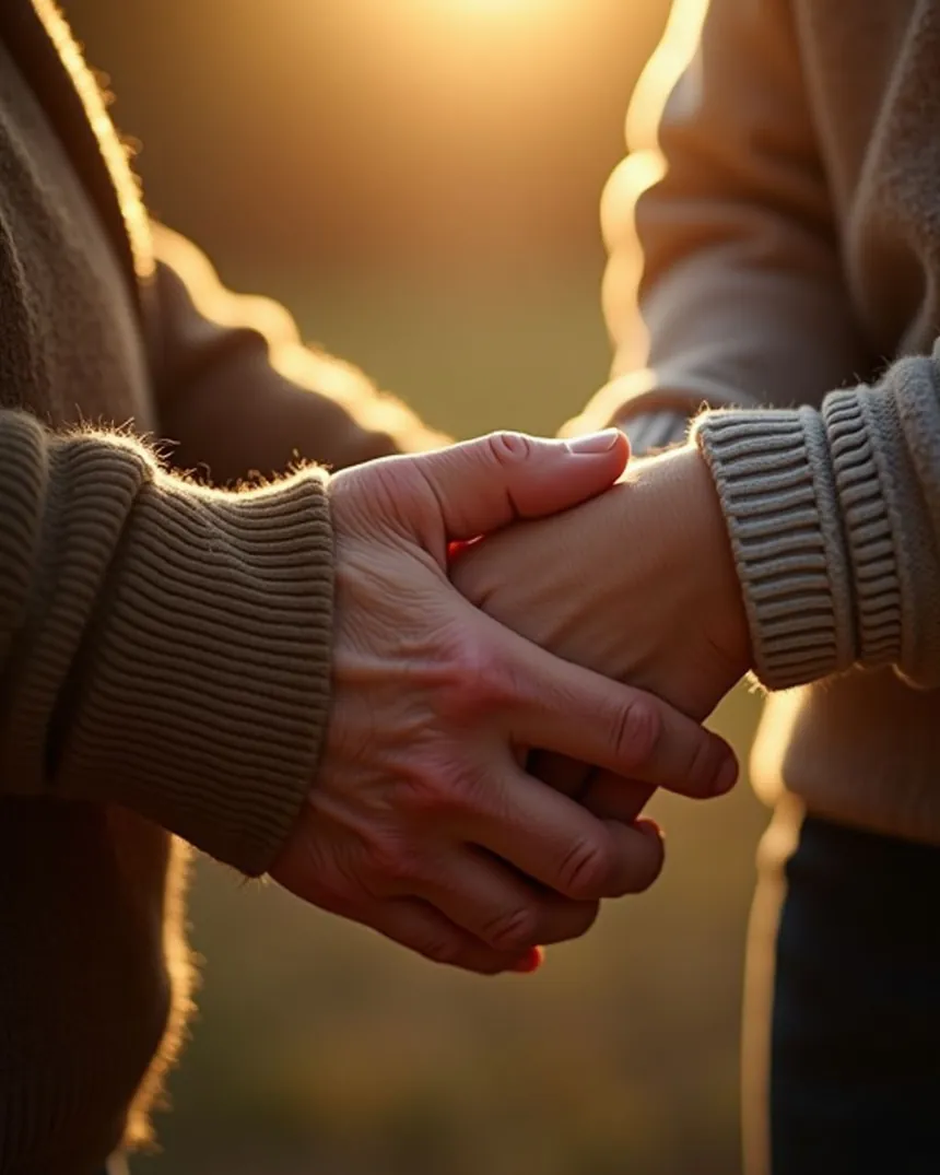Dos personas se dan la mano al atardecer al iniciar el programa