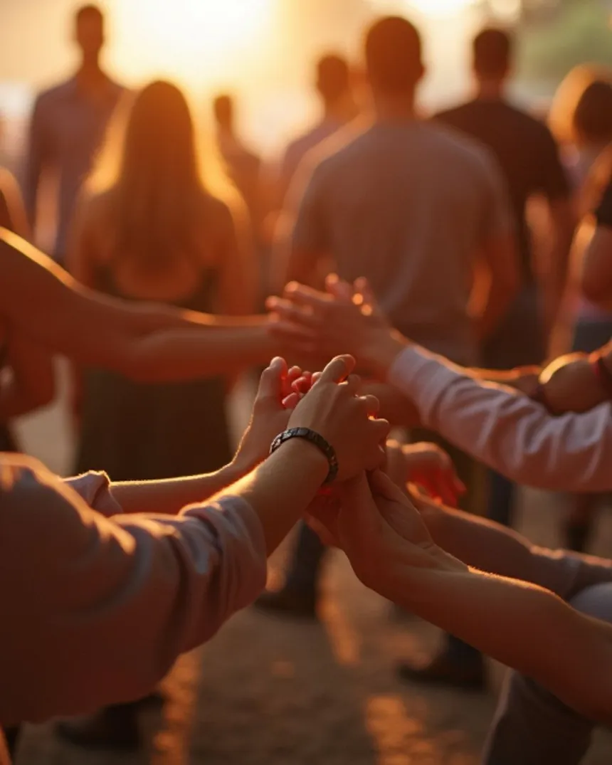 Grupo de personas unidas de la mano en un encuentro de apoyo al atardecer